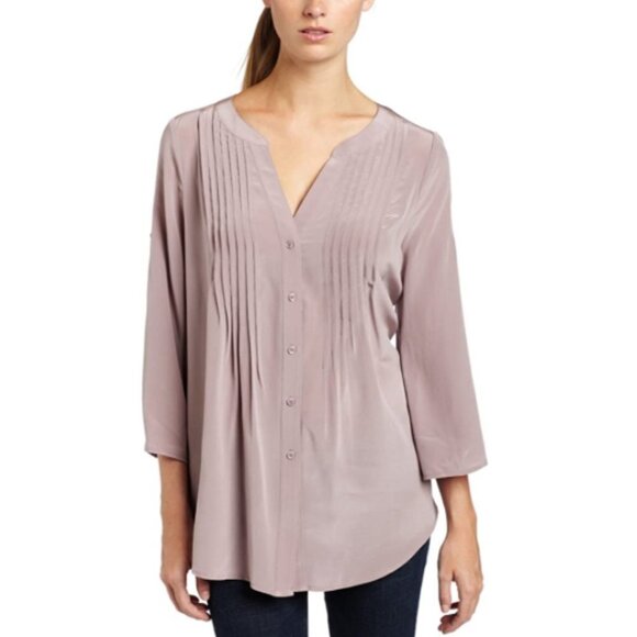 BCBGMAXAZRIA 100% silk aster Bessie blouse Large V-neck button front blush - Picture 2 of 11